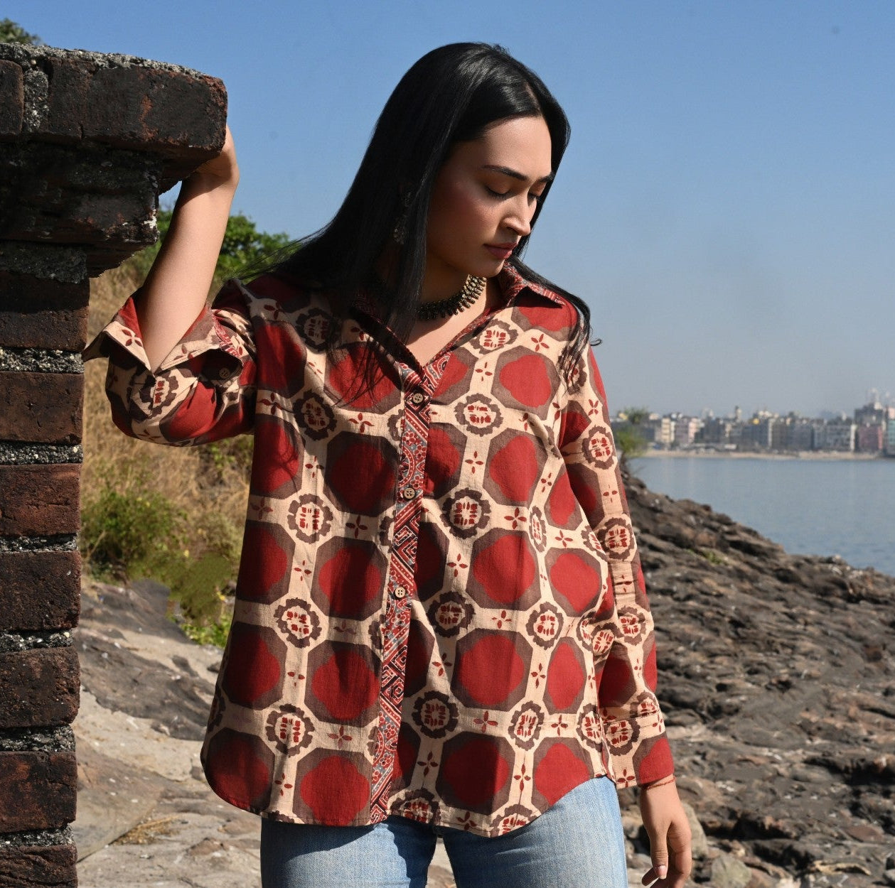 Red brick Ajrakh shirt - ov