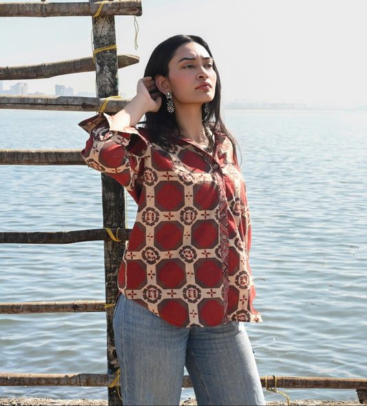 Red brick Ajrakh shirt - ov