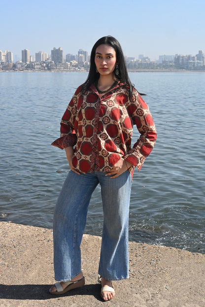 Red brick Ajrakh shirt - ov