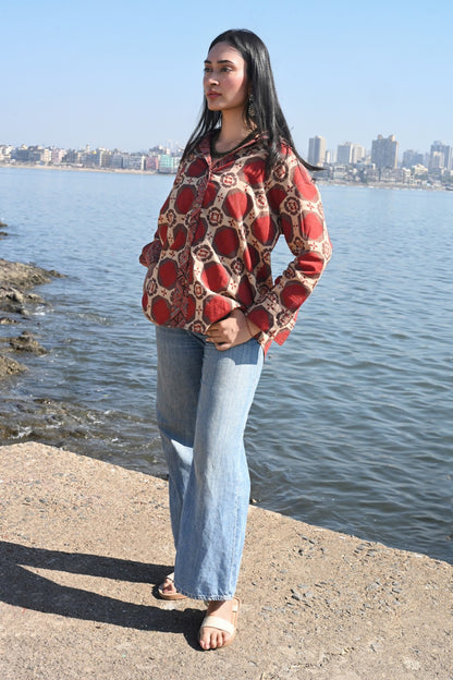 Red brick Ajrakh shirt - ov