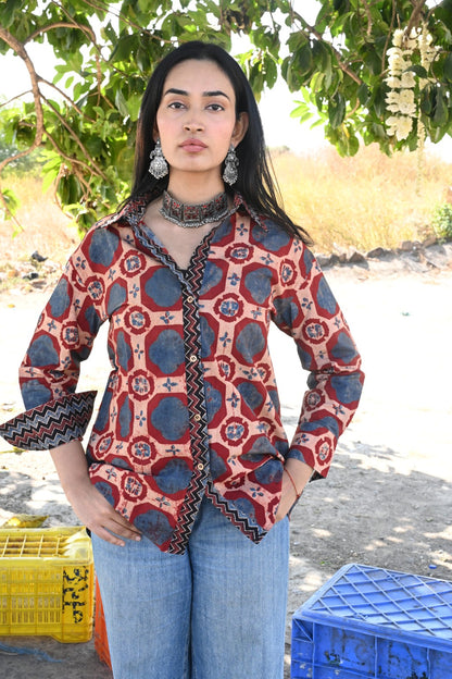 Blue brick ajrakh shirt - Ov