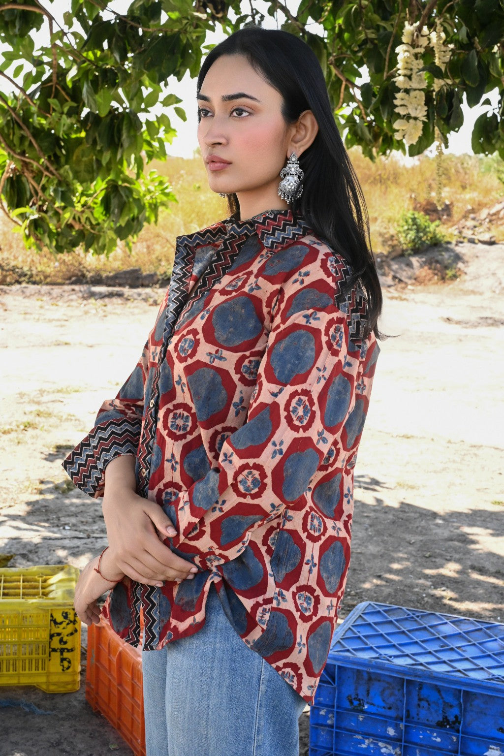 Blue brick ajrakh shirt - Ov