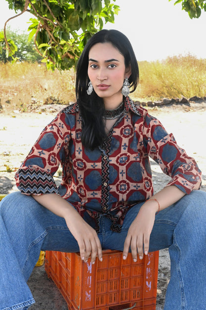 Blue brick ajrakh shirt - Ov