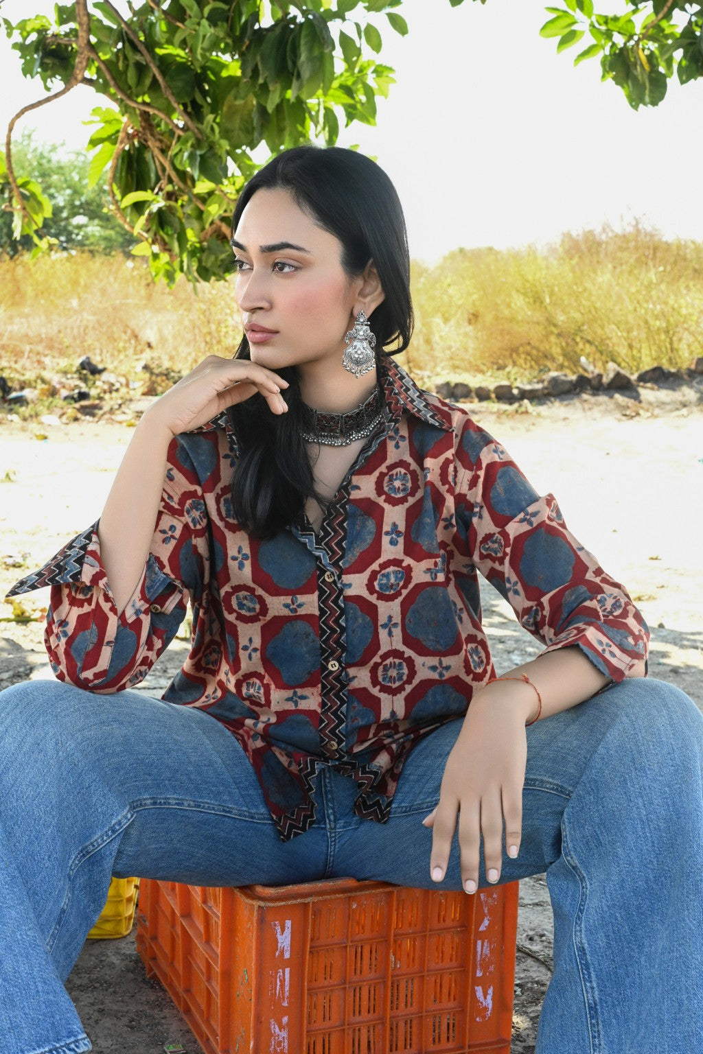 Blue brick ajrakh shirt - Ov