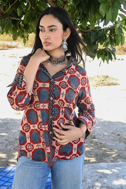 Blue brick ajrakh shirt - Ov